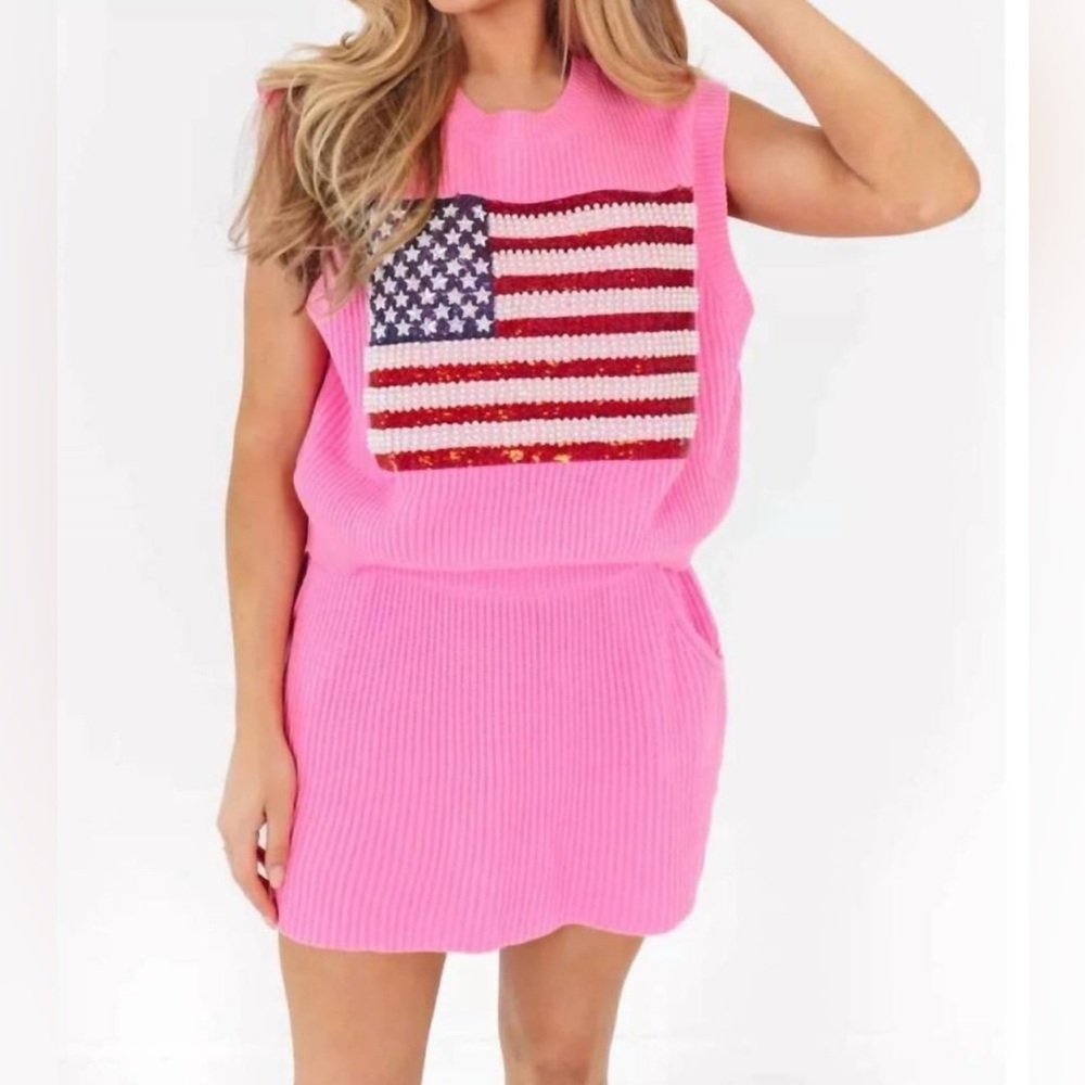 Queen of Sparkles American Flag Bubblegum Pink Sleeveless Sweater Skirt SET 🇺🇸 L